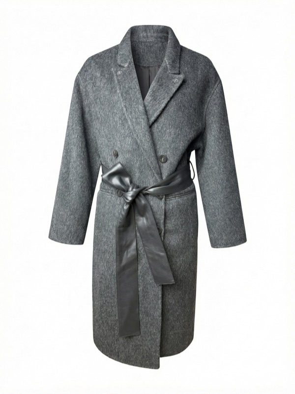 Belted Double-Breasted Coat In Grey
