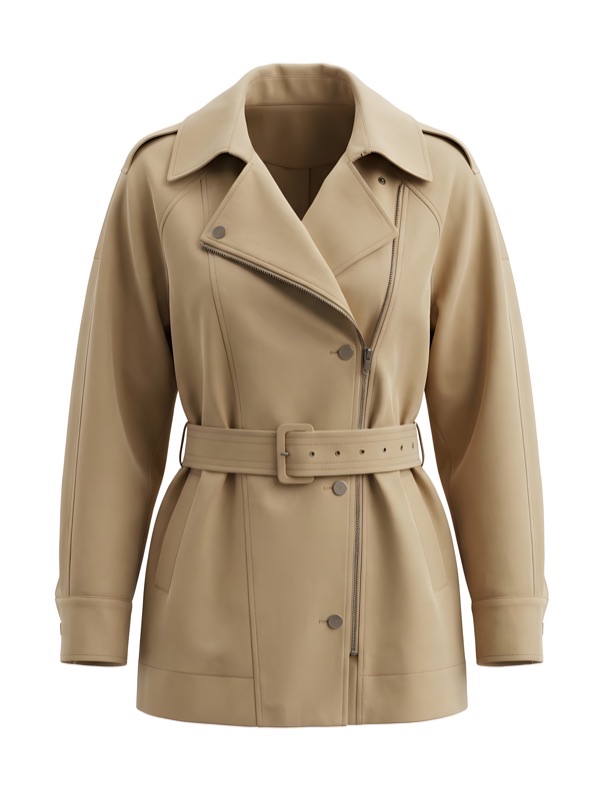 Zippered Belted Coat In Camel