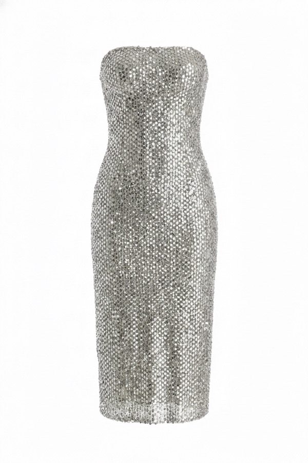 Sequin Strapless Dress In Silver