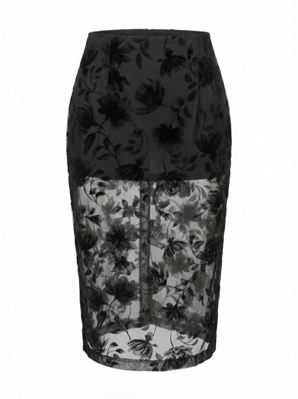 Sheer Floral Skirt In Black