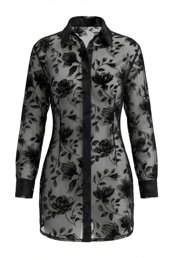 Sheer Floral Long Shirt In Black