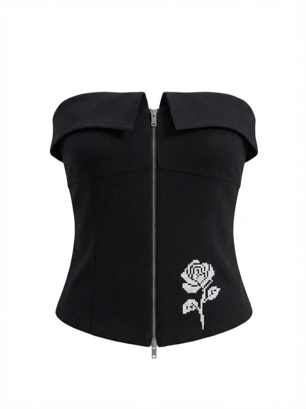 Zippered Rose Corset In Black