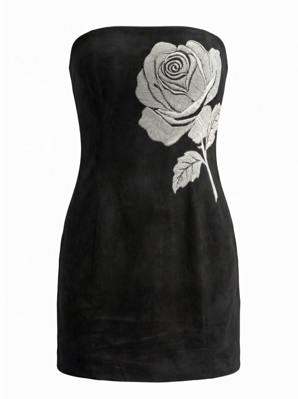 Strapless Rose Embroidered Dress in Black