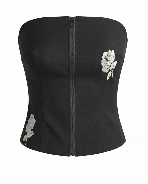 Zipper Embroidered Vest in Black